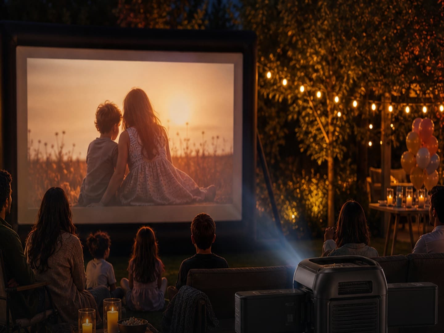 Mobiles Outdoor-Kino mit 200-Zoll-Leinwand und Projektorstation